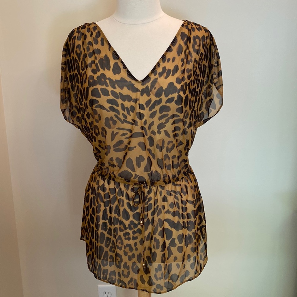 Lauren Ralph Lauren Leopard Print Cover up Mesh Tie Waist Tunic Dress Size XS